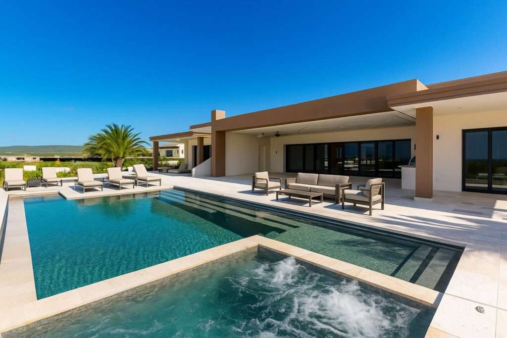 Los Cabos Fundadores Villa Maralta 62 offers contemporary coastal living in Puerto Los Cabos.This newly built 5-bedroom residence is designed around seamless indoor-outdoor flow, with main living areas opening toward the terrace, pool, and ocean – 29 Boulevard Diamante, Pacific, BS