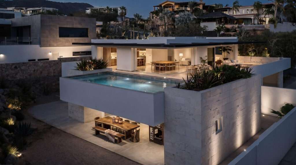 Los Cabos Palmilla Estates Discover a standout investment opportunity in coveted Palmilla Estates, where relaxed coastal style meets refined comfort. This single-story 3-bedroom, 3-bath home blends natural stone, warm wood beams, and a gourmet kitchen with high-end appliances, breakfast nook, and full bar. A generous entry courtyard opens to a heated pool, jacuzzi, outdoor kitchen, and a sun-washed yard overlooking the 9th fairway of the Jack Nicklaus Mountain Course. Eligible for a golf membership, it also makes an effortless vacation retreat with close access to Palmilla Beach, world-class amenities, and the charming San José town center. – 74, Casa Sofia, Cabo Corridor, Cabo Corridor, BS
