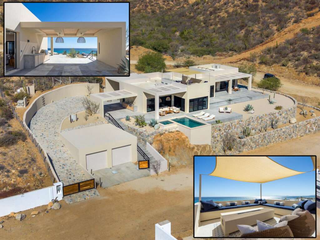 Los Cabos Cumbre Del Tezal Luxury finishes include marble flooring, wood kitchen with granite countertops, built-in wooden closets in all bedrooms, and vanities with tempered glass shower doors in all 3.5 baths. Fully equipped with 5 Gree inverter mini-split A/C units (3 × 1-ton, 2 × 2-ton), LG 22' French Door refrigerator, Whirlpool gas stove, and 1.7 cu ft microwave hood. Additional features: rooftop with bar, grill & sink, private terrace, storage, WiFi smart lock, private 5,000-liter cistern, and termite prevention system. Community: pool, gym, sports courts, kids' area, 3 clubhouses & 24/7 gated security – Cresta Del Mar, Cabo Corridor, BS