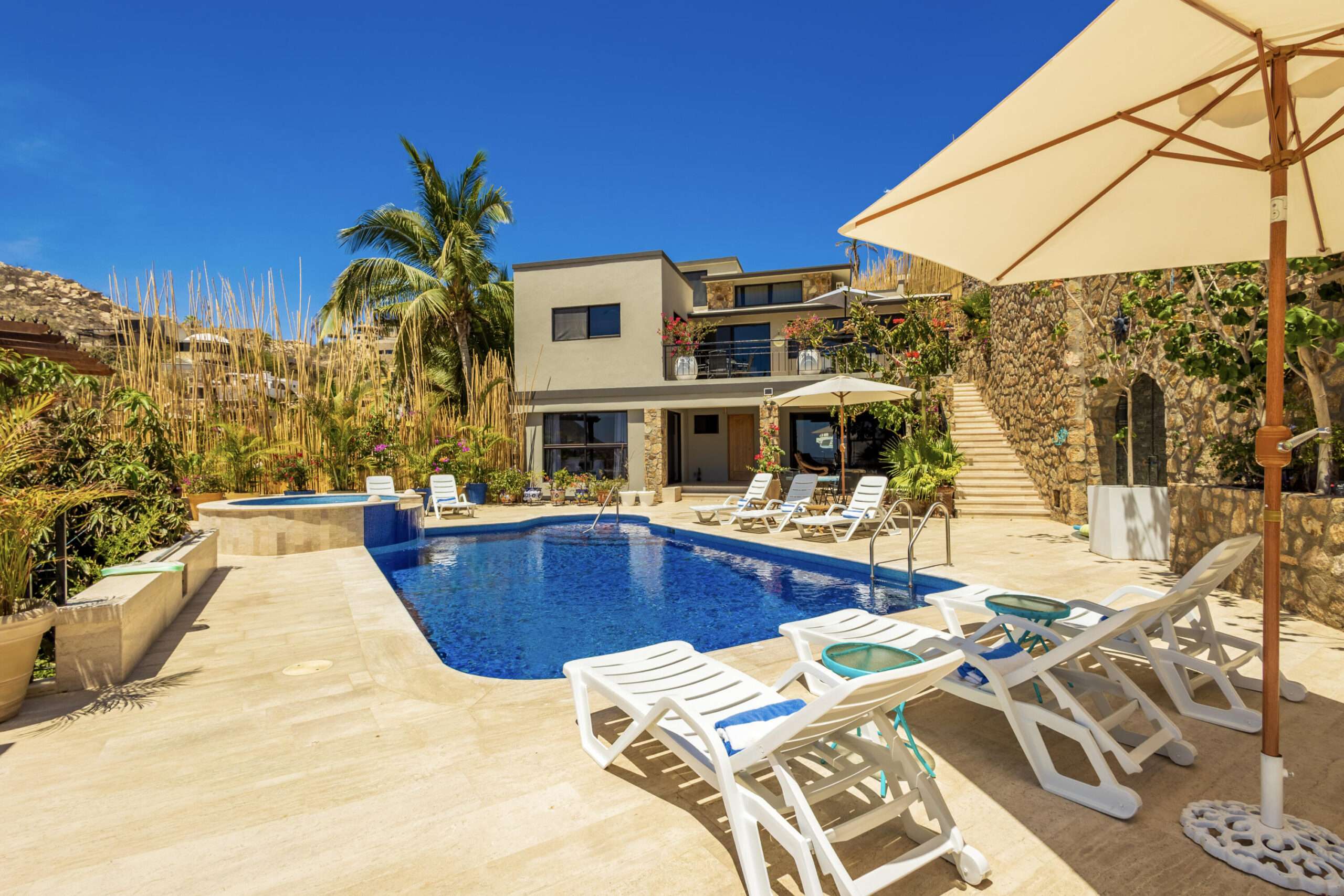 Los Cabos Palmilla Estates Discover a standout investment opportunity in coveted Palmilla Estates, where relaxed coastal style meets refined comfort. This single-story 3-bedroom, 3-bath home blends natural stone, warm wood beams, and a gourmet kitchen with high-end appliances, breakfast nook, and full bar. A generous entry courtyard opens to a heated pool, jacuzzi, outdoor kitchen, and a sun-washed yard overlooking the 9th fairway of the Jack Nicklaus Mountain Course. Eligible for a golf membership, it also makes an effortless vacation retreat with close access to Palmilla Beach, world-class amenities, and the charming San JosΓ© town center. for sale