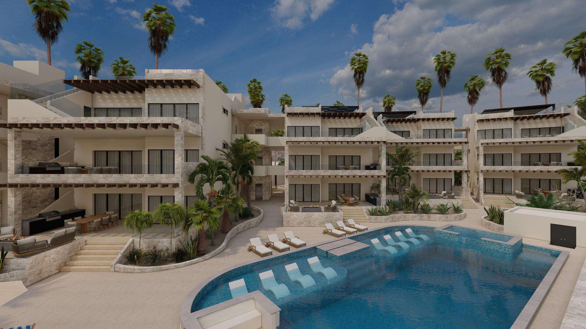 Los Cabos Morgan Residences Morgan Residences Condo 306 offers 67 m² of functional living space with one bedroom, one and a half baths, and a private balcony overlooking the city. The open floor plan connects the kitchen, dining, and living areas with marble-style tile throughout. The kitchen has granite counters, white cabinets, and an island with seating. The bedroom includes an ensuite bathroom with a walk-in shower and opens to the terrace. A separate half bath includes in-unit laundry. The building features a rooftop pool, gym, BBQ area, and for sale