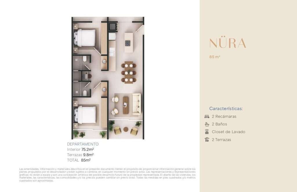 Los Cabos Nahara Cabo Living Discover this exclusive 2-bedroom residence at Nahara Cabo Living. Offering 85 m² total, including 75.2 m² of interior living space and 9.8 m² of terraces, this thoughtfully designed unit features a functional layout, abundant natural light, two private terraces, a laundry closet, elevator access, and high-end finishes throughout.Residents enjoy resort-style amenities including a clubhouse with gym, hotel-style guest suites, swimming pools, paddle and pickleball courts, fire pit areas, panoramic – NURA NAHARA, Cabo Corridor, Cabo Corridor, BS