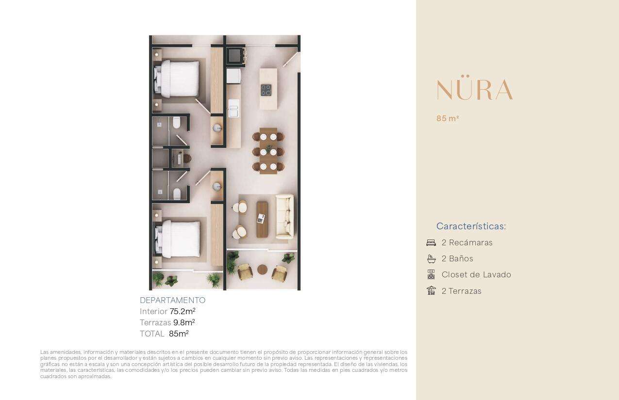 Los Cabos Nahara Cabo Living Discover this exclusive 2-bedroom residence at Nahara Cabo Living. Offering 85 m² total, including 75.2 m² of interior living space and 9.8 m² of terraces, this thoughtfully designed unit features a functional layout, abundant natural light, two private terraces, a laundry closet, elevator access, and high-end finishes throughout.Residents enjoy resort-style amenities including a clubhouse with gym, hotel-style guest suites, swimming pools, paddle and pickleball courts, fire pit areas, panoramic – NURA NAHARA, Cabo Corridor, Cabo Corridor, BS