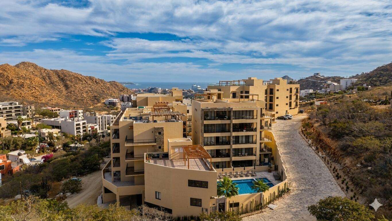 Los Cabos Vista Mare Condo for sale at Vista Mare in Cabo San Lucas, located on the ground floor and ready for delivery. This unit offers 128.03 m² total, distributed in 97.65 m² of interior space and 30.38 m² of terraces, providing comfortable and functional living areas. It features 2 bedrooms, 2 full bathrooms, living room, dining area, equipped kitchen, air conditioning, and a pleasant private patio, ideal for enjoying an exclusive outdoor space. It also includes 1 underground parking space. The development offers amenities such as a gym, 2 swimming pools, jacuzzi, and firepit, perfect for enjoying the Los Cabos lifestyle. An excellent option to live in, vacation, or invest in a high-demand real estate area. – Pedregal de Cabo San Lucas, Cabo San Lucas, BS